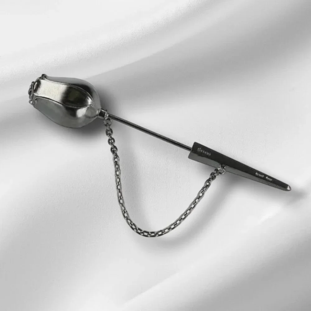 BRIONI Sterling Silver 925 Lapel Tie Stick Suit Pin Gunmetal Rose Bud Minimalist - Picture 15 of 16